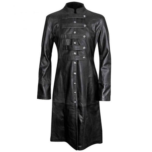 Mens Black Cowhide Leather Long Matrix Trench Coat Goth Steampunk Van Helsing Gothic Trench Coat New