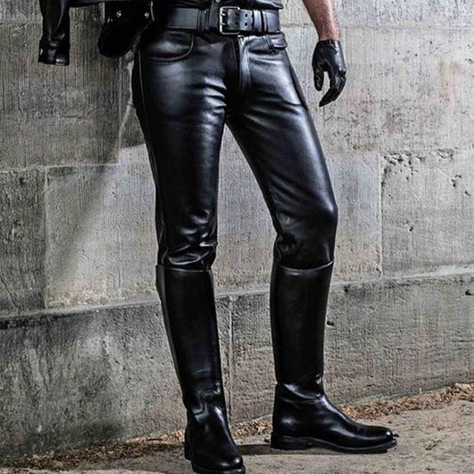 Pantalones negros de cuero auténtico para hombre, ajustados, estilo 501, pantalones BLUF, pantalones vaqueros calientes, pantalones vaqueros
