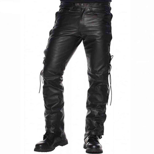A pair of men's black cowhide leather trousers with lacing details on the sides, designed for motorbike riding.