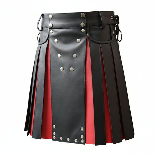 A black faux-leather kilt skirt with red side panels and silver metal snap buttons, shown against a plain white background.