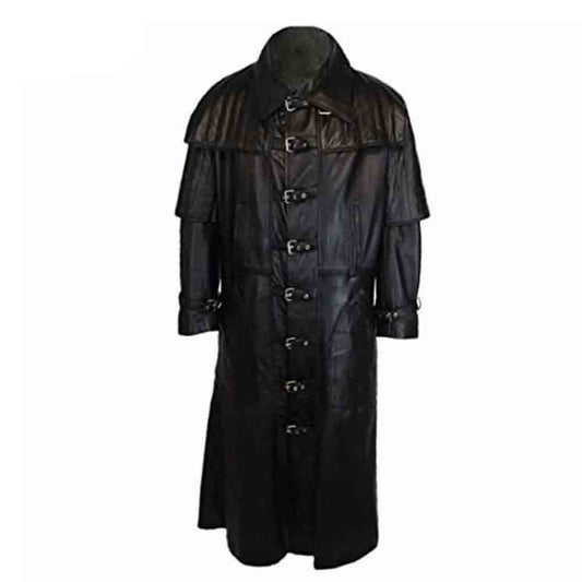 Mens Black Real Cowhide Leather Goth Steampunk Trench Coat Van Helsing Coat Gothic Trench Coat