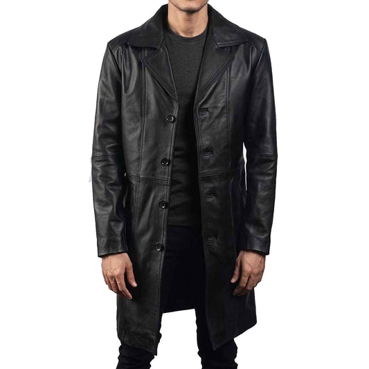Mens Black Real Cowhide Leather Trench Steampunk Gothic Matrix Winter Coat Jacket