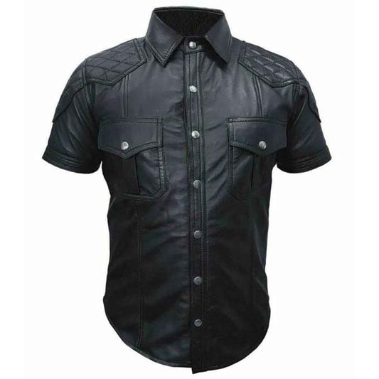 Men's Black Real Lambskin Leather Police Military Style Quilted Bluf Shirt