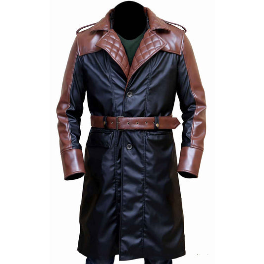 Gabardina Steampunk estilo acolchado de cuero de vaca auténtico marrón y negro para hombre