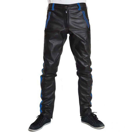 Pantalones de cuero de vaca para hombre Pantalones de motociclista recortados Pantalones de cuero a rayas azules Ropa de club Pantalones chinos