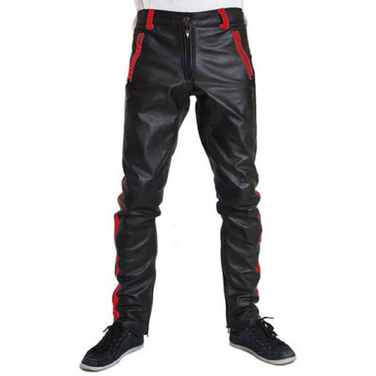 Pantalones de cuero de vaca para hombre Pantalones de motociclista recortados Pantalones de cuero con rayas rojas Clubwear Pantalones chinos