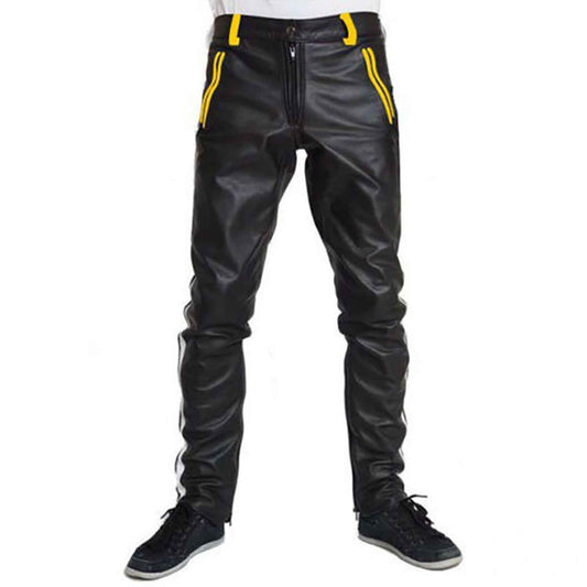 Pantalones de cuero de vaca para hombre Pantalones de motociclista recortados Pantalones de cuero con rayas amarillas Ropa de club Pantalones chinos