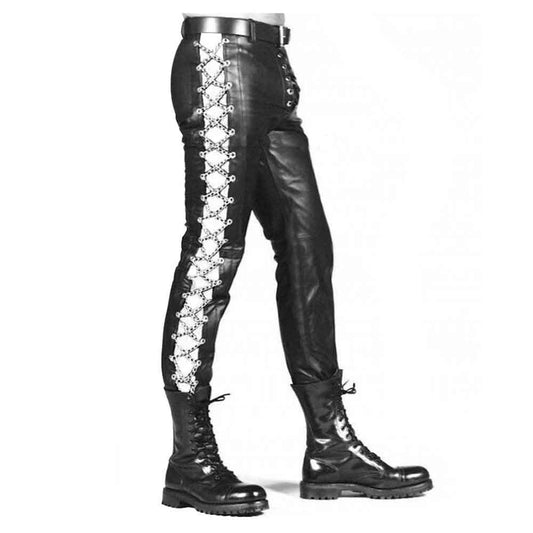 Pantalones estilo jeans con cadenas plateadas fijas con cordones en la parte delantera de cuero genuino para hombre