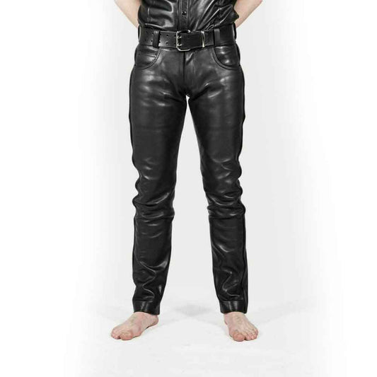 Pantalones pitillo sin costuras de cuero genuino para hombre, cinco bolsillos, estilo vaquero, Premium Kink
