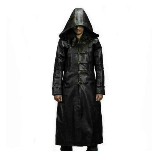 Mens Huntsman negro con capucha de cuero de vaca Steampunk Goth Matrix Trench Coat