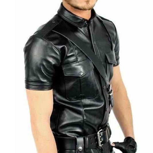 Mens Lambskin Nappa Leather Police Black Shirt Cuir Bluf Lederhemd Lederharren Bikers
