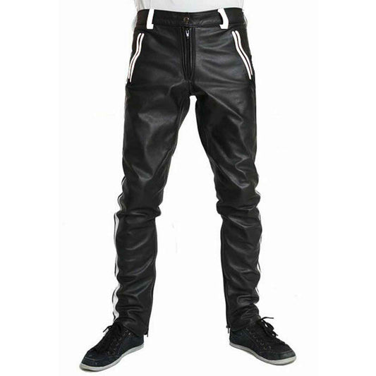 A pair of men's cowhide leather pants with white stripes and a cropped fit, featuring front button closure and double-sided stitching.