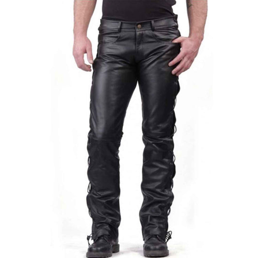 Nuevos pantalones de cuero negros para hombre, pantalones con cordones para motocicleta, pantalones vaqueros