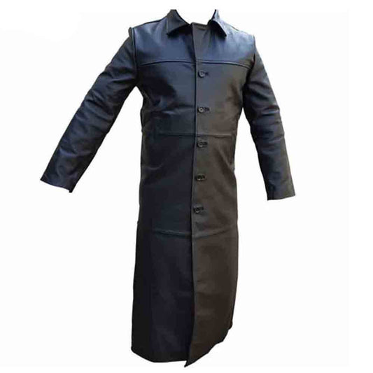 Mens Pure Cowhide Leather Full Length Matrix Goth Trench Coat T1