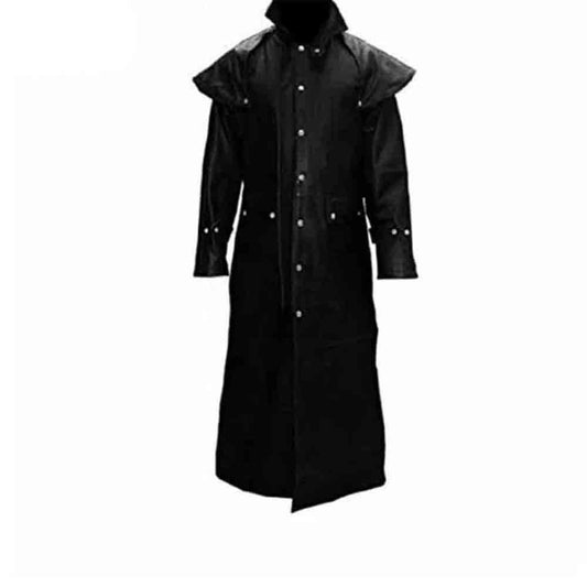 Mens Real Black Leather Duster Riding Hunting Steampunk Trench Coat T7