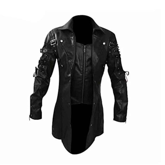 Mens REAL Black Leather Goth Matrix Trench Coat Steampunk Gothic T18 BLACK