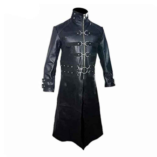 Mens Real Black Leather Goth Matrix Trench Coat Steampunk Gothic Van Helsing T21