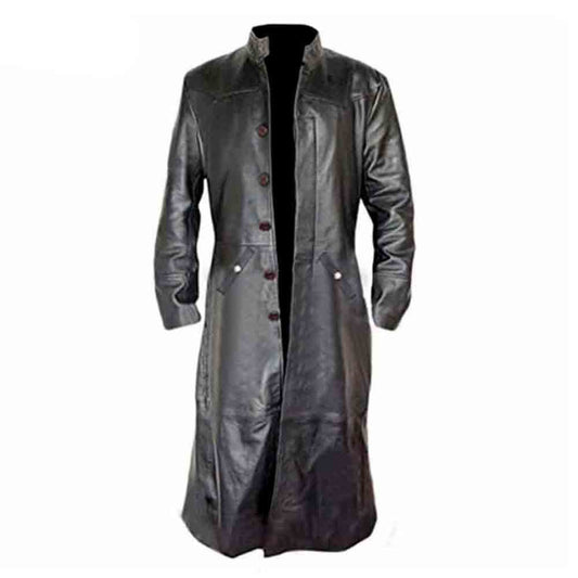 Mens Black Cowhide Leather Long Matrix Trench Coat Goth Steampunk Van Helsing Trench Coat Gothic T17