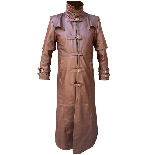 Mens Real Brown Leather Goth Matrix Steampunk Gothic Van Helsing Coat Steampunk Gothic Matrix Trench Coat