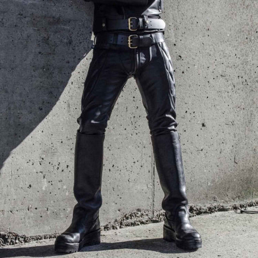 Pantalones de montar de motociclista vintage negros de piel de vaca auténtica para hombre con cremallera trasera