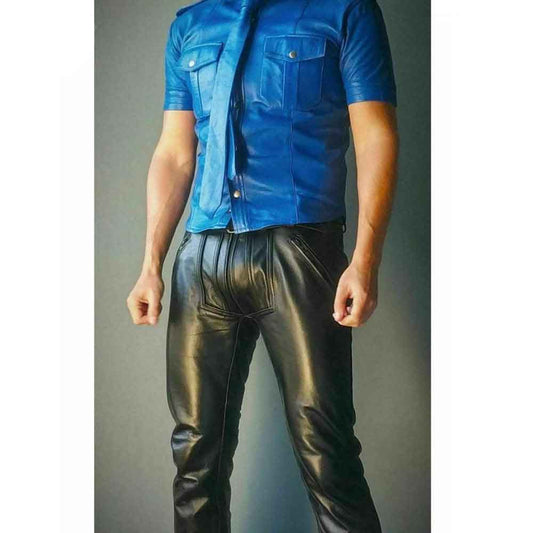 Pantalones de cuero de vaca real para hombre Pantalones vaqueros con doble cremallera BLUF Pantalones Bikers