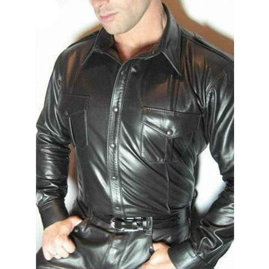 Camisa de uniforme de policía de cuero de vaca real para hombre Camisa BLUF de manga corta