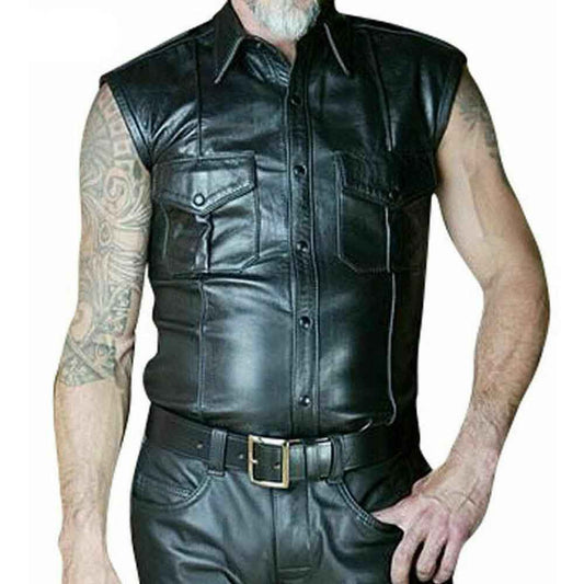 Men's Real Cowhide Leather Police Uniform Short Sleeve Shirt IN 3 COLORS Piping