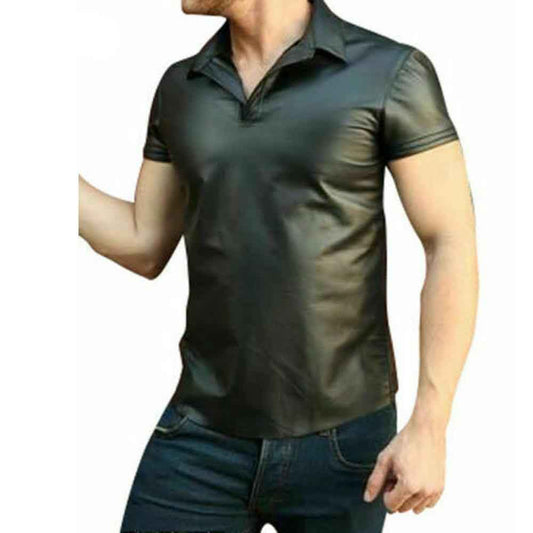 Polo de manga corta de piel de cordero auténtica para hombre con ribetes a elegir