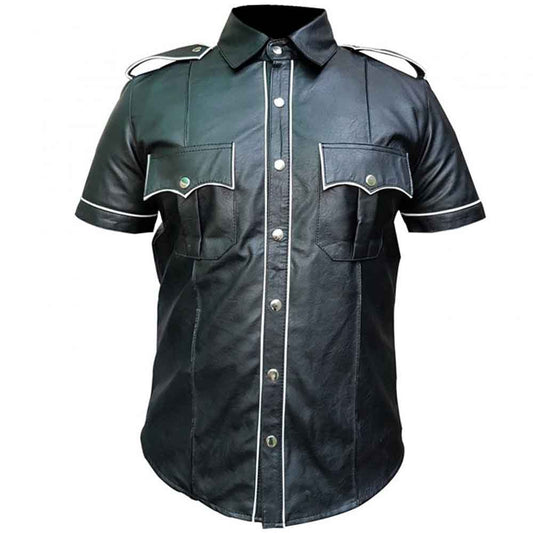 Mens Real Lambs Leather Police Style white piping Black Bikers Shirt