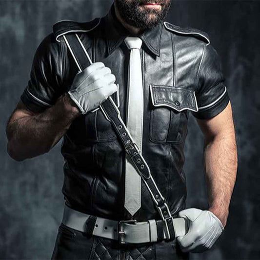 Mens Real Lambskin Nappa Leather White Piping Police Black Shirt Cuir Bluf Lederhemd Lederharren Bikers