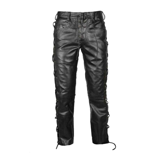 Pantalones de motociclista de cuero auténtico para hombre con cordones laterales y delanteros