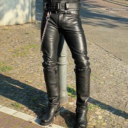Pantalones BLUF delgados negros de cuero real para hombre Pantalones gay Pantalones vaqueros Pantalones calzones