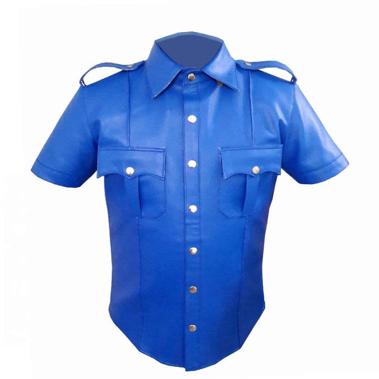 Men's Real Leather Blue Police Military Style Shirt BLUF All Size Shirt