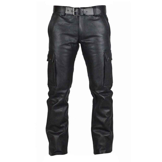 Pantalones de cuero auténtico para hombre, pantalones con bolsillos cargo, pantalones de cuero para moteros
