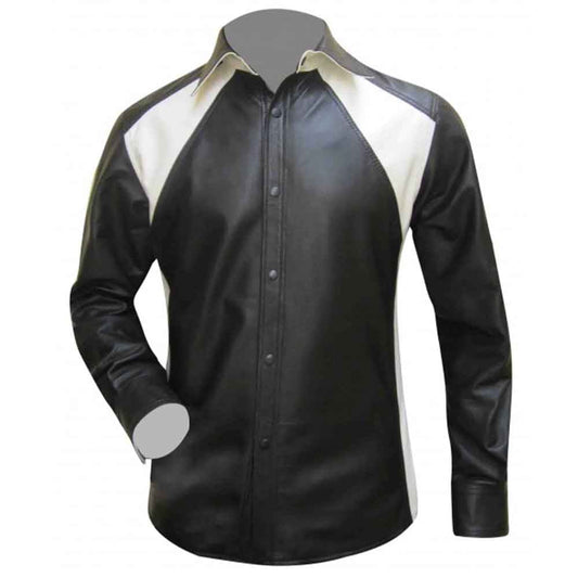 Camisa a medida BLUF de manga larga de piel de napa auténtica de oveja para hombre en diseño de dos tonos en blanco y negro