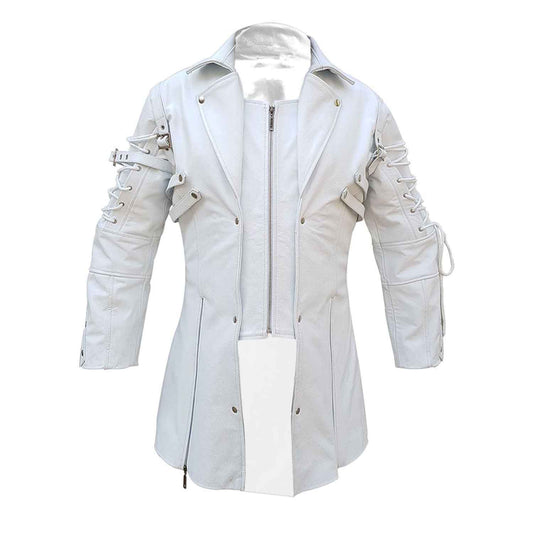 Mens REAL White Leather Goth Matrix Trench Coat Steampunk Gothic T18 WHITE