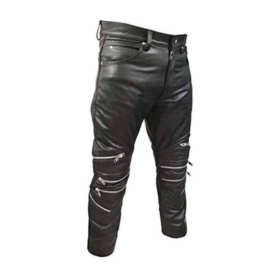 Mens Black Real Cowhide Leather Motorcycle Trousers Bikers Jeans Bikers Pants