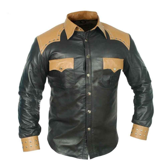 REAL LEATHER Camisa de manga larga para hombre, estilo occidental, color negro y tostado, estilo policía vaquero