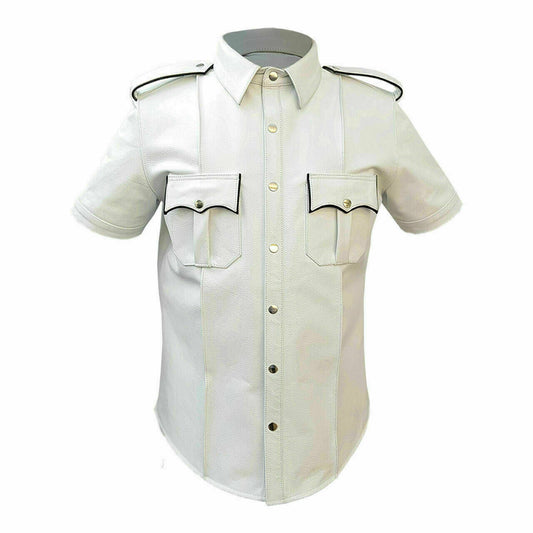 Camisa de estilo militar de policía blanca de CUERO REAL PARA HOMBRE BLUF Camisa de TODO TAMAÑO