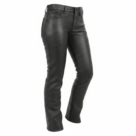 Black faux leather motorcycle pants with a subtle gray graphic print on the lower left leg, displayed on a white background.