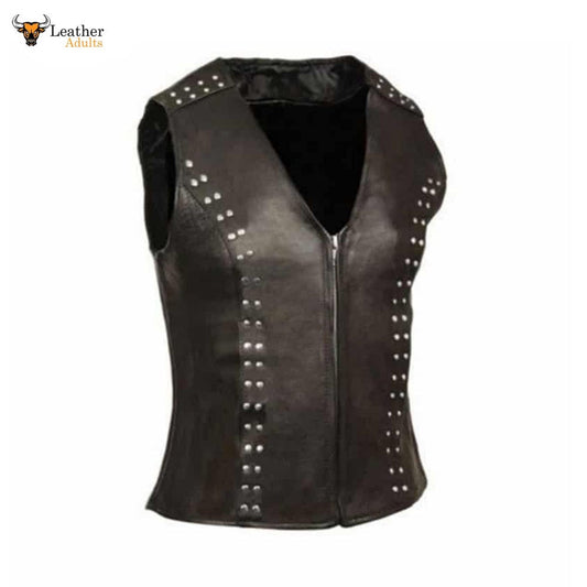 Ladies Soft Black Real Lambskin Leather Bikers Waistcoat Vest W5