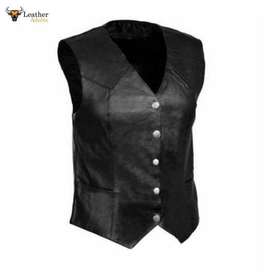 Ladies Soft Black Lambskin Leather Bikers Waistcoat Vest W8