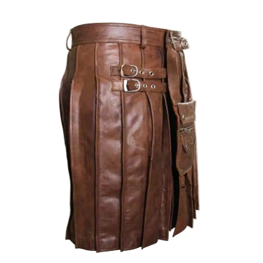A brown leather kilt with pleated panels, double buckle straps, and a side pouch, shown against a plain white background.