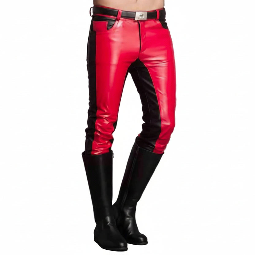 Red and black leather motorcycle pants with a black leather belt and black leather riding boots, shown on a white background.