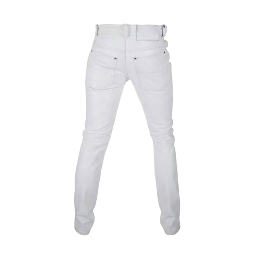 White slim-fit jeans shown from the back, featuring a high waistband with belt loops and back pockets, on a light gray background.