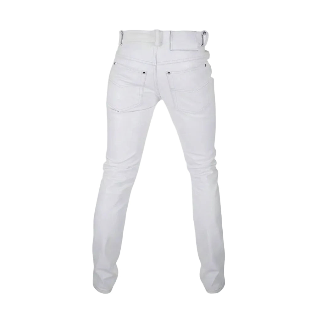 White slim-fit jeans shown from the back, featuring a high waistband with belt loops and back pockets, on a light gray background.