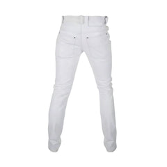 White slim-fit jeans shown from the back, featuring a high waistband with belt loops and back pockets, on a light gray background.