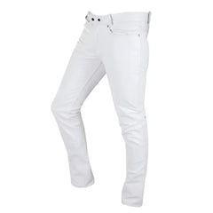 White leather jeans shown on a white mannequin form against a plain white background, featuring a circular leather brand watermark on the lower right leg.
