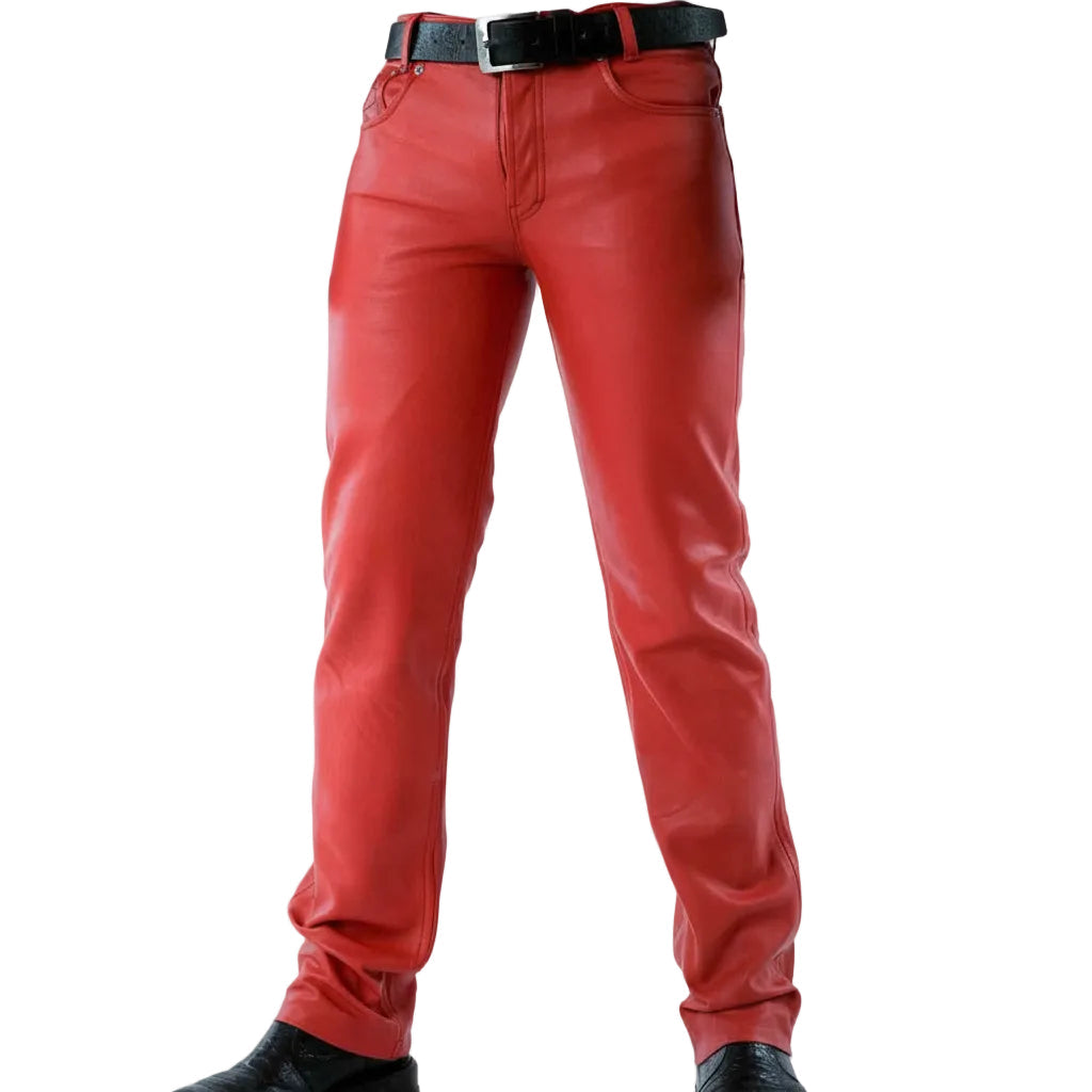 A pair of men's red cowhide leather jeans with a 501 style fit, featuring a front view with the brand logo visible.