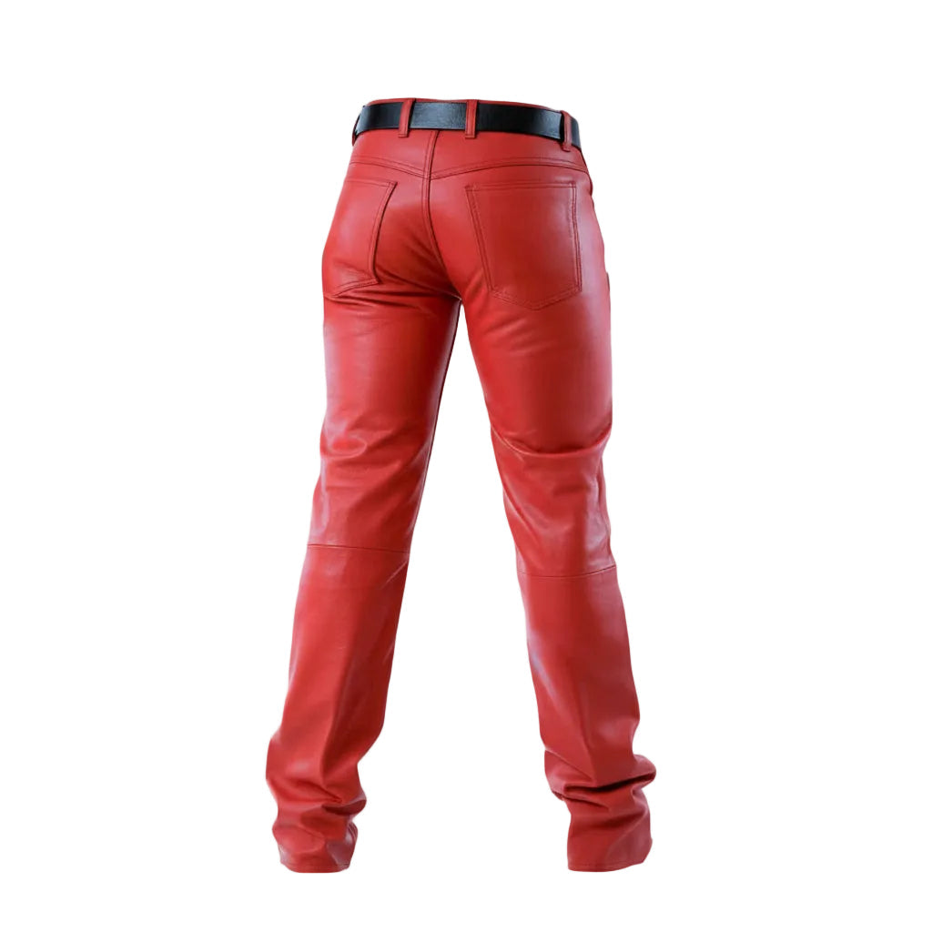 Red leather pants shown from the back, featuring a black belt, on a light gray background.